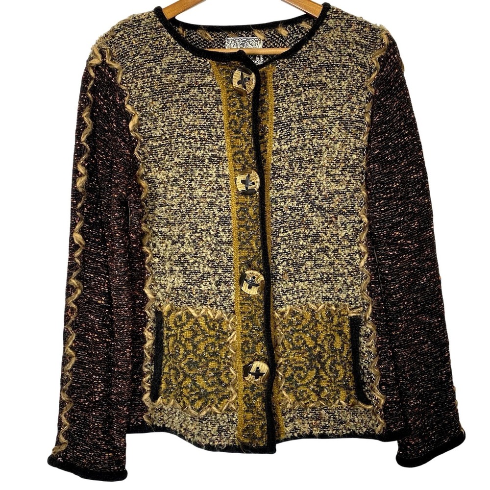 Vtg Anthropologie Curio Sz Medium Cardigan Sweater Button Chunky Knit Grannycore